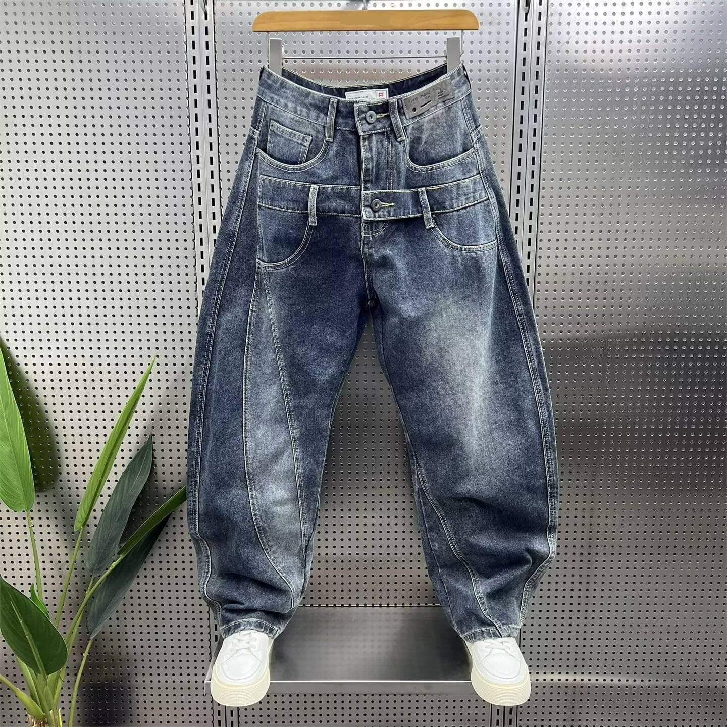 Men's Clothing American Style Washed Retro Hip Hop Denim Curved Trousers Trendy Patchwork Wide Leg Trousers For Autumn And Winter Cool And Stylish