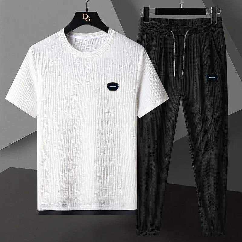 Men's Clothing Summer High End Elastic Ice Silk Leisure Sports Suit Men's Pleated Thin Short Sleeved Trousers Two Piece Suit Men