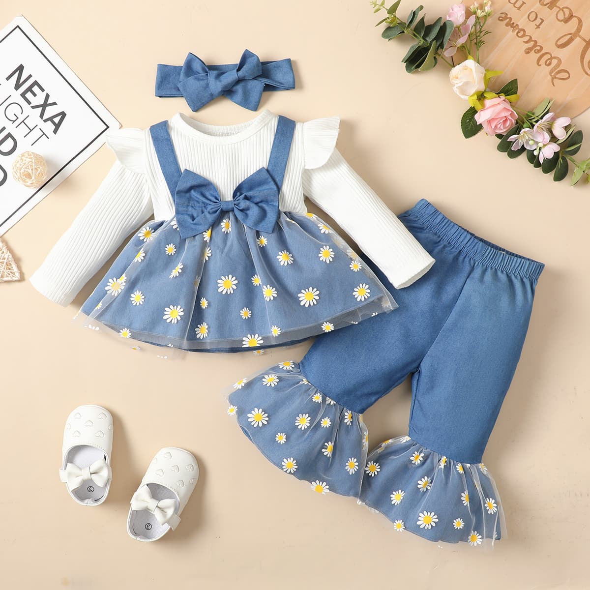 Mother&Kids Children's Baby Denim Long Sleeve And Denim Pants Mesh Suit