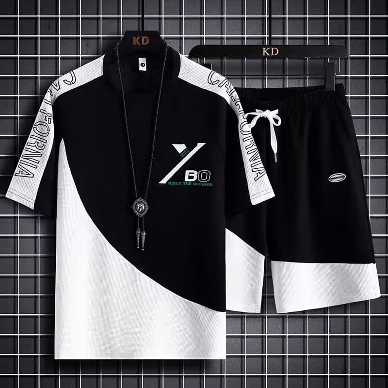 Men's Clothing Waffle Casual Suit Men's Summer Youth Large Size Men's Sports Short Sleeved Shorts Set 1/2 Piece