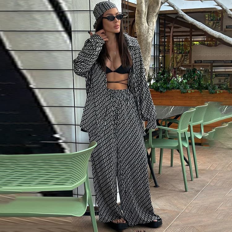 Women's Clothing spring high end long sleeved loose shirt and trousers two piece satin printed suit