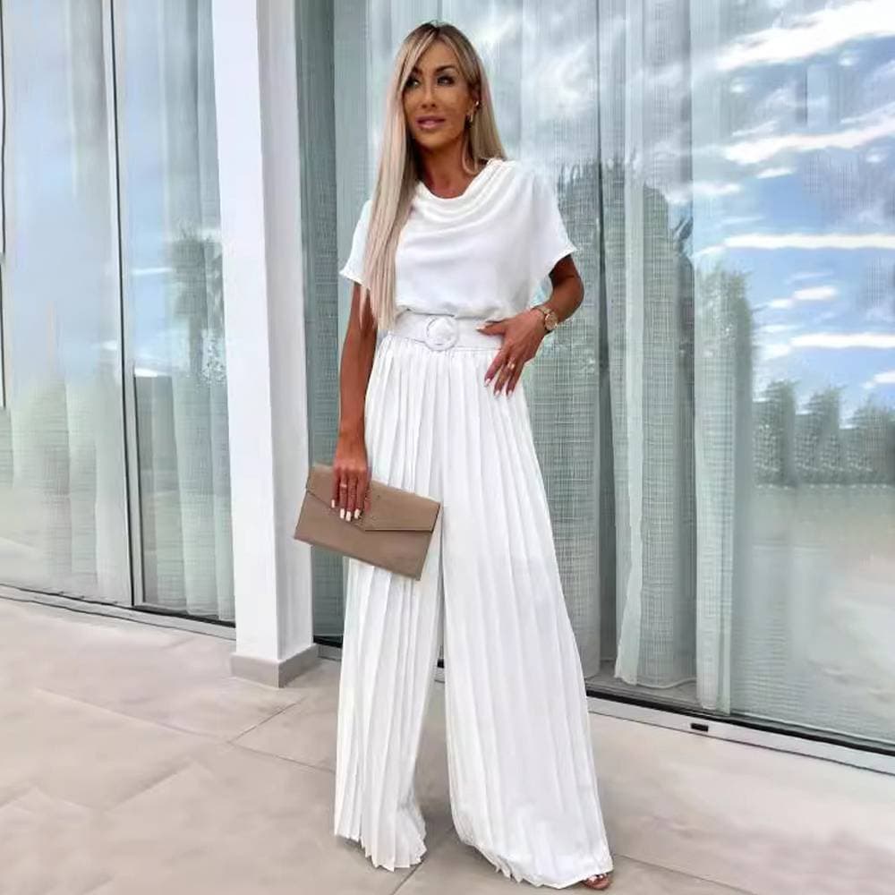 Loose Casual Wide-leg Pleated Jumpsuit With Belt Solid Color For Women