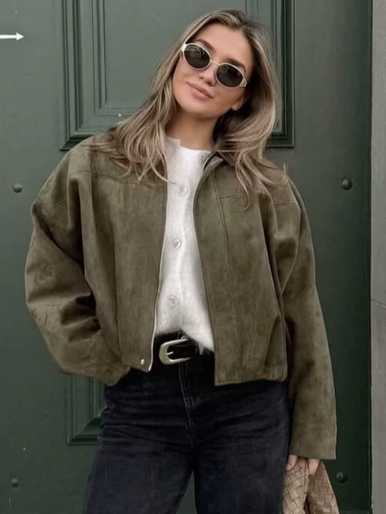Women's Clothing Flannel-Lined Bomber Jacket – Oversized Aviator Coat With Lapel Collar (Spring Streetwear, 9 Colors)​​