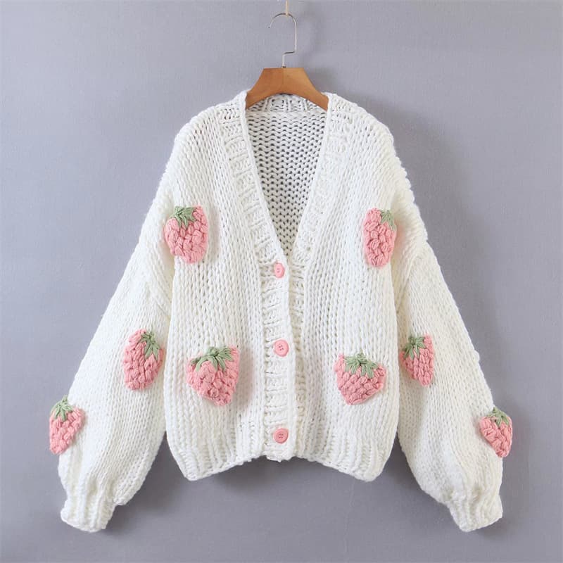 Women's Clothing new style mohair coarse knitted cardigan sweater female V neck lantern sleeve strawberry coat
