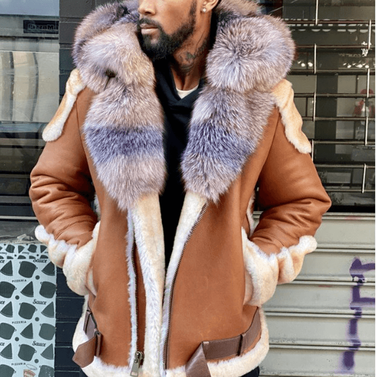 Men's clothing brown fleece large fur collar with pile thickening