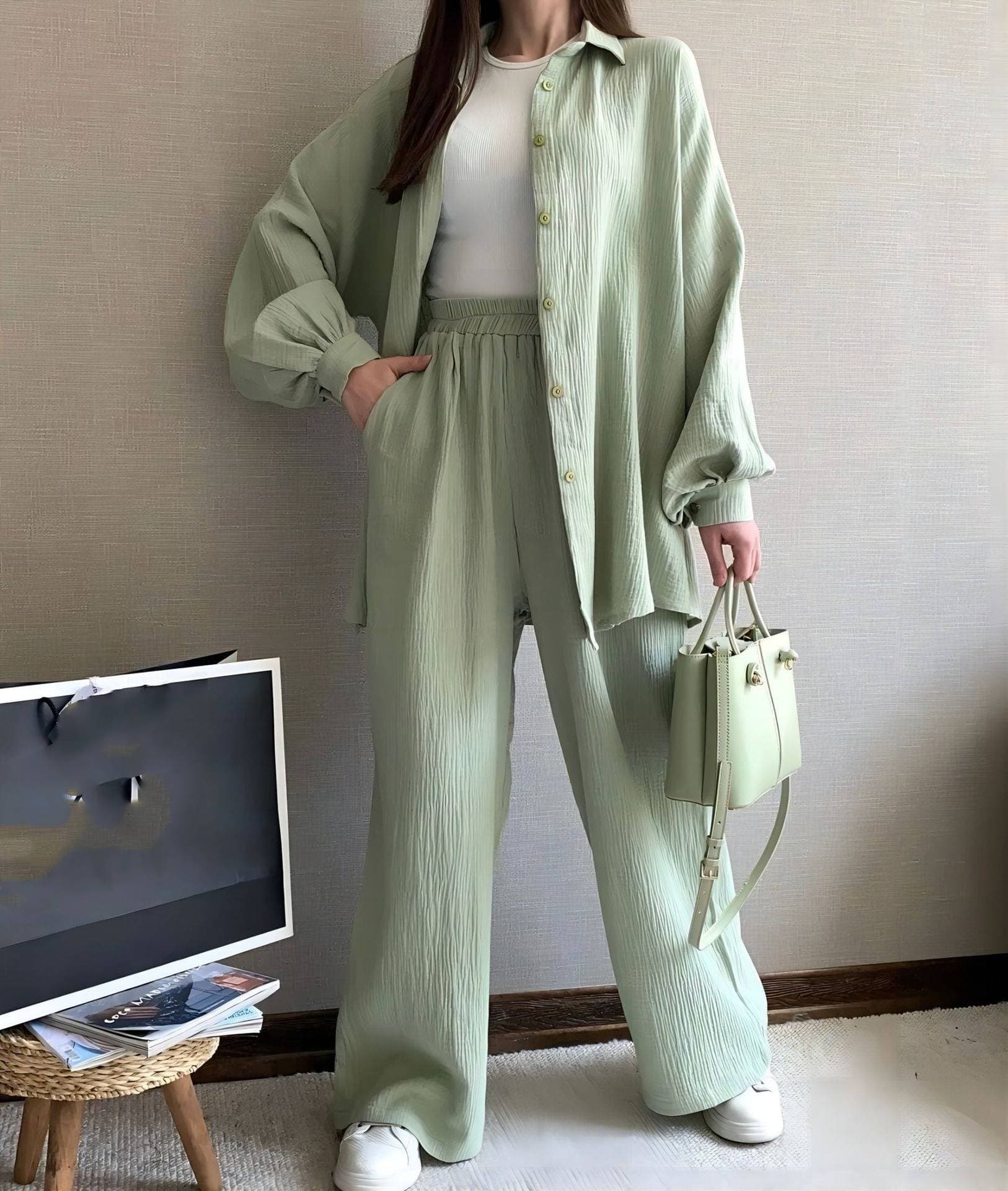 Women's Two-piece Suit Long Sleeve Lapel Shirt Button Top Elastic Waist Trousers Suit Casual