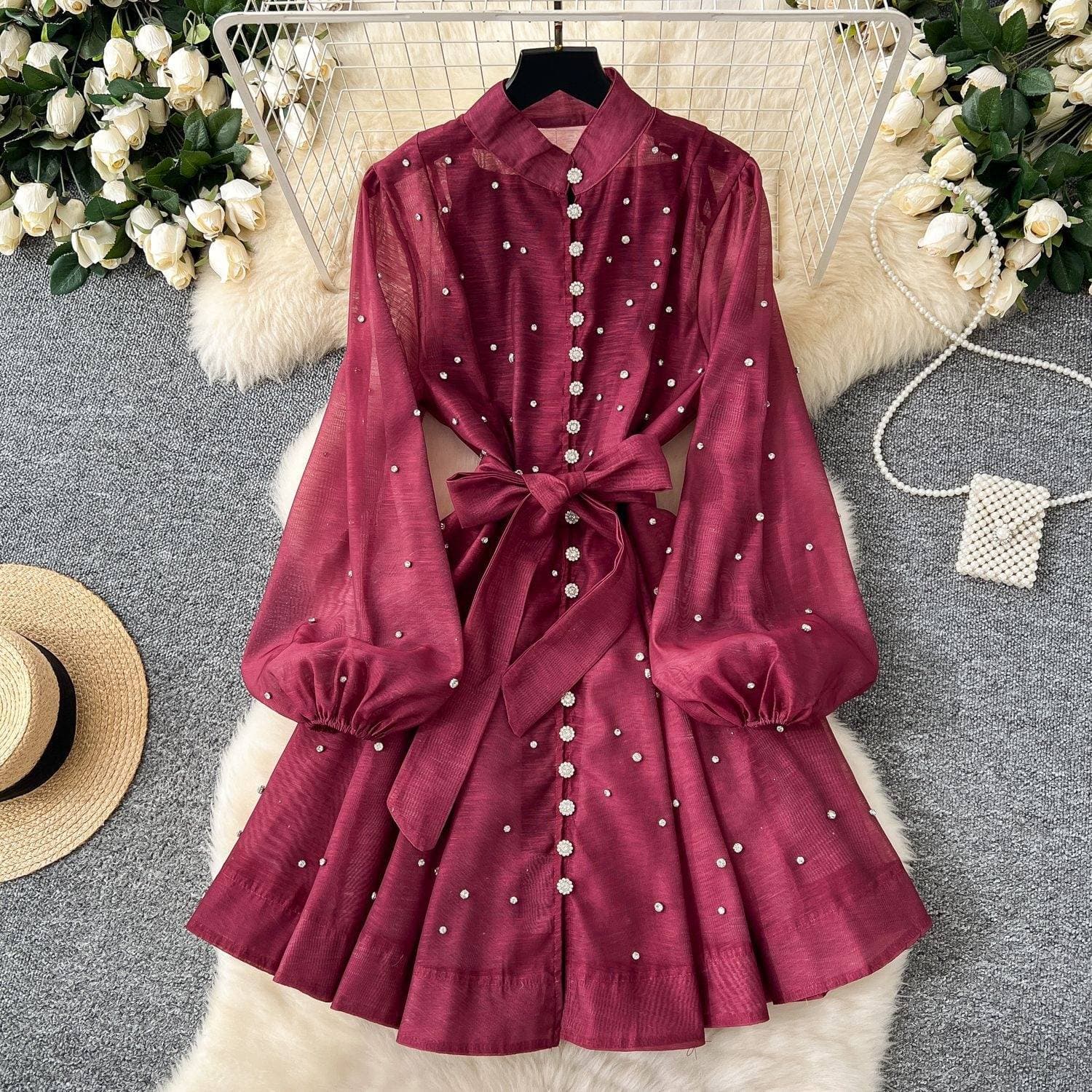 Women's Clothing Heavy Diamond Lantern Sleeve Tie Waist Single Breasted Dress Female Celebrity Elegant Dress