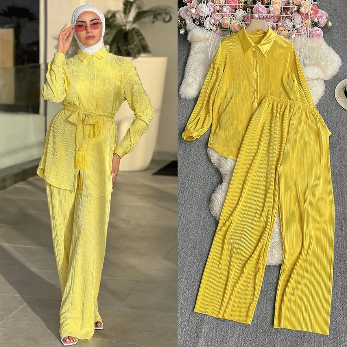 Women's Fashion Clean Color Shirt Two-piece Set Of High Waist Vertical Vertical Wide Leg Pants