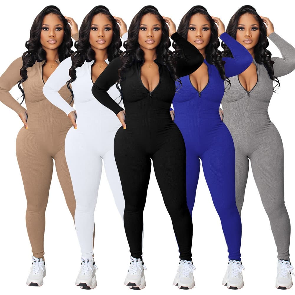 Women’s High-Waisted Jumpsuit – Elegant Zip-Up Tracksuit, Stretchy & Flattering (Black/White/Khaki/Dark Grey/Blue/Red/, Sizes S-2XL)