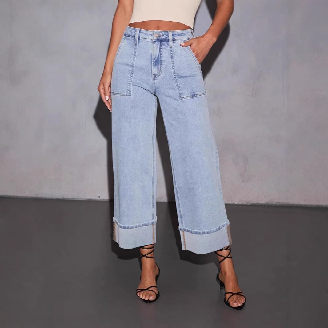Jean extensible taille haute à jambes larges pour femme – Pantalon en denim confortable et élégant avec effet délavé, parfait pour une tenue décontractée ou de bureau