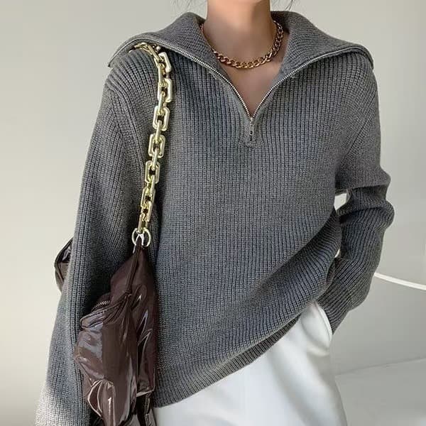Cozy Oversized Zip-front Knit Sweater For Women - Lazy Chic Pullover With Stand Collar In Solid Colors (Gray, Beige, Coffee, Black, Blue, Oatmeal)