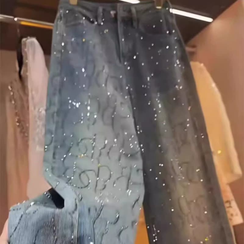 ELLE Blue Rhinestone Jeans For Women 2025 Autumn Winter New Heavy Craft High-end Versatile High Waist Slimming Loose Straight