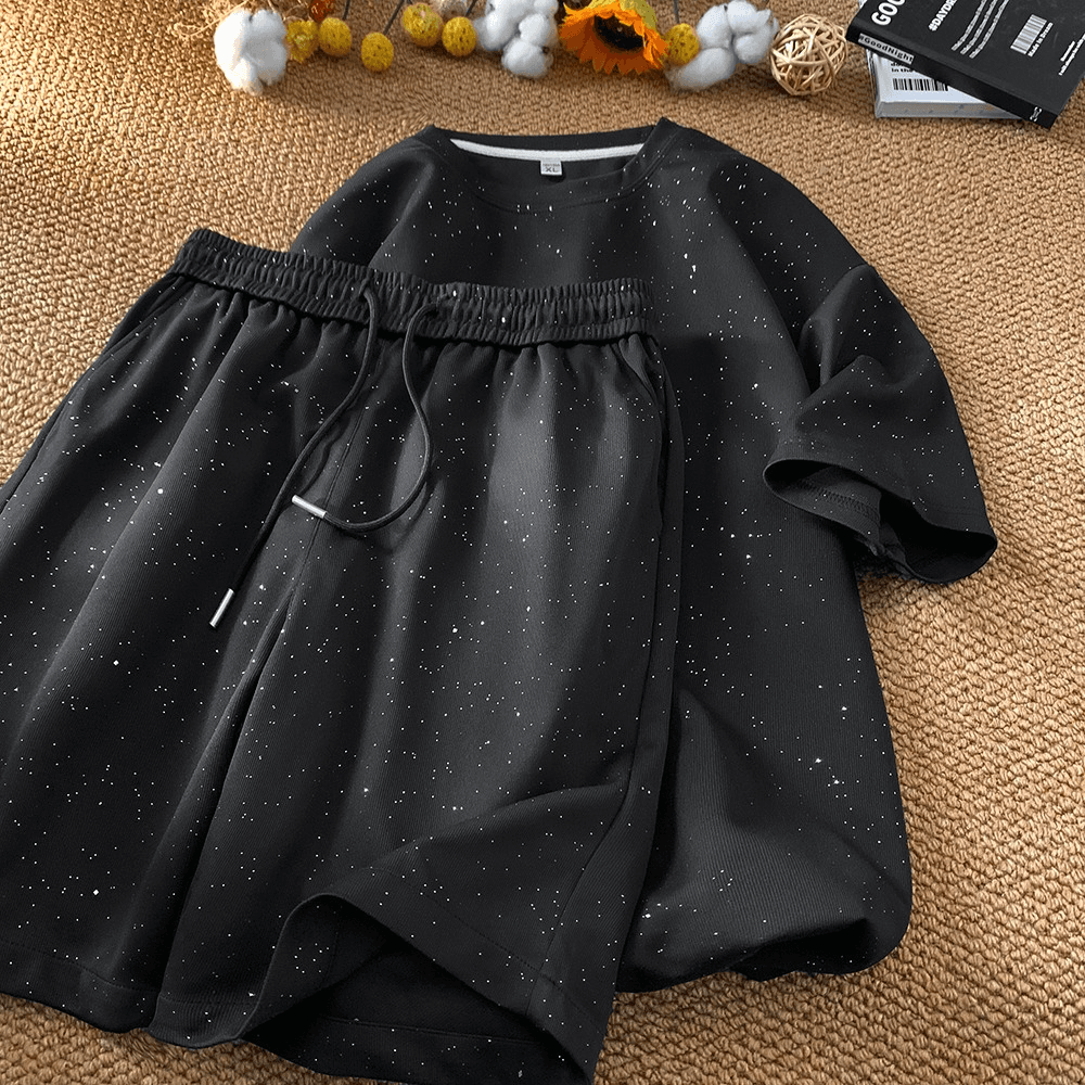Men's Clothing Black Casual Sports Suit Full Of Stars Design Loose T Shirt Shorts Two Piece Suit