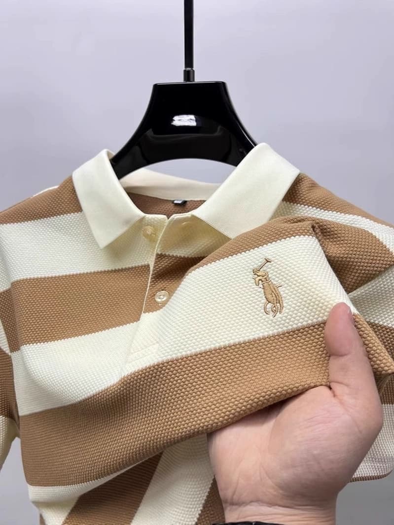 Polo rayé brodé pour homme, manches courtes