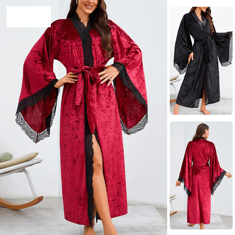 Women's clothing long bathrobe sexy lace light luxury long-sleeved velvet nightgown bathrobe home clothes