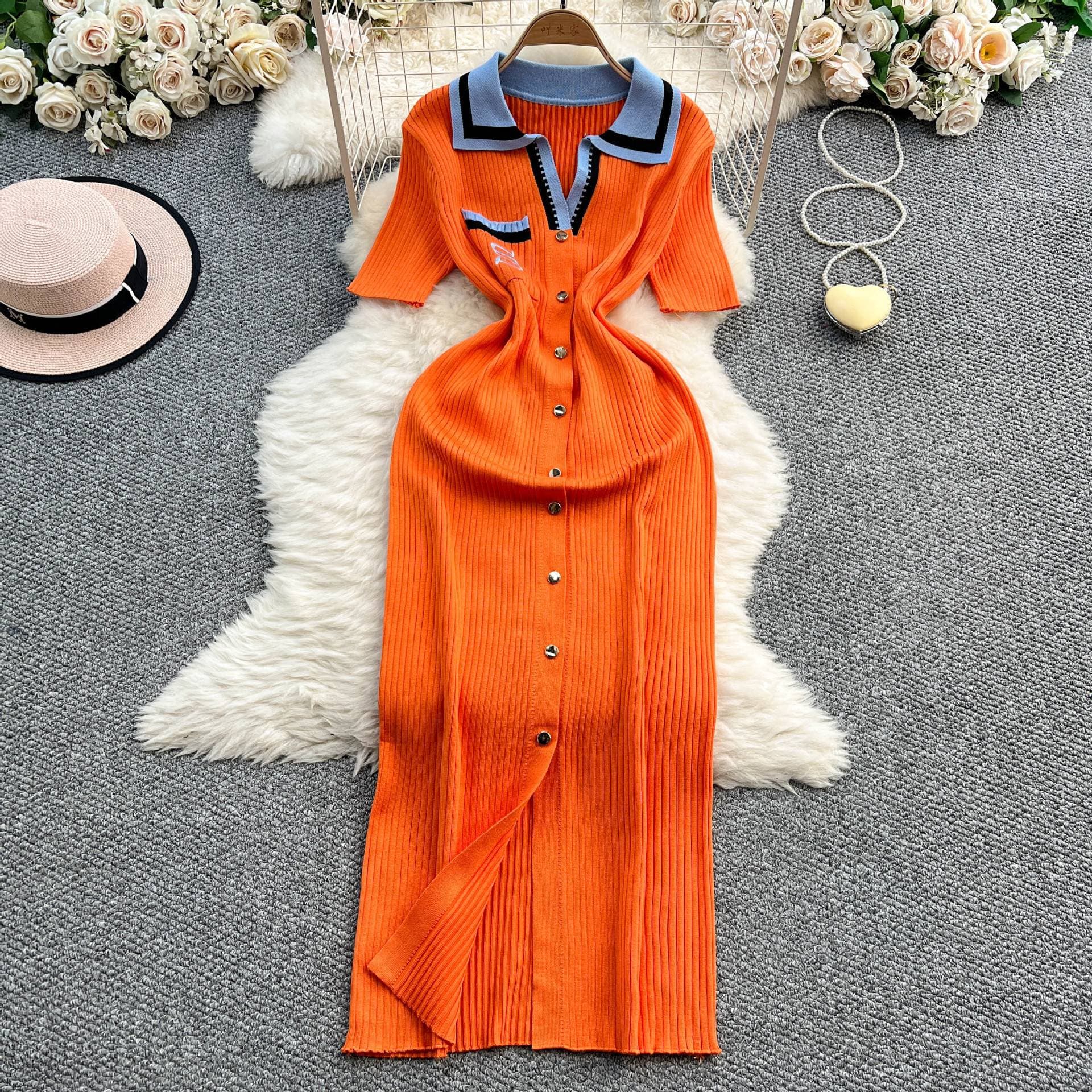 Women's Knitted Polo Collar Dress With Slit Short Sleeves And Embroidered Letters Waist Cinching Slimming Long Skirt Effect Pullovers