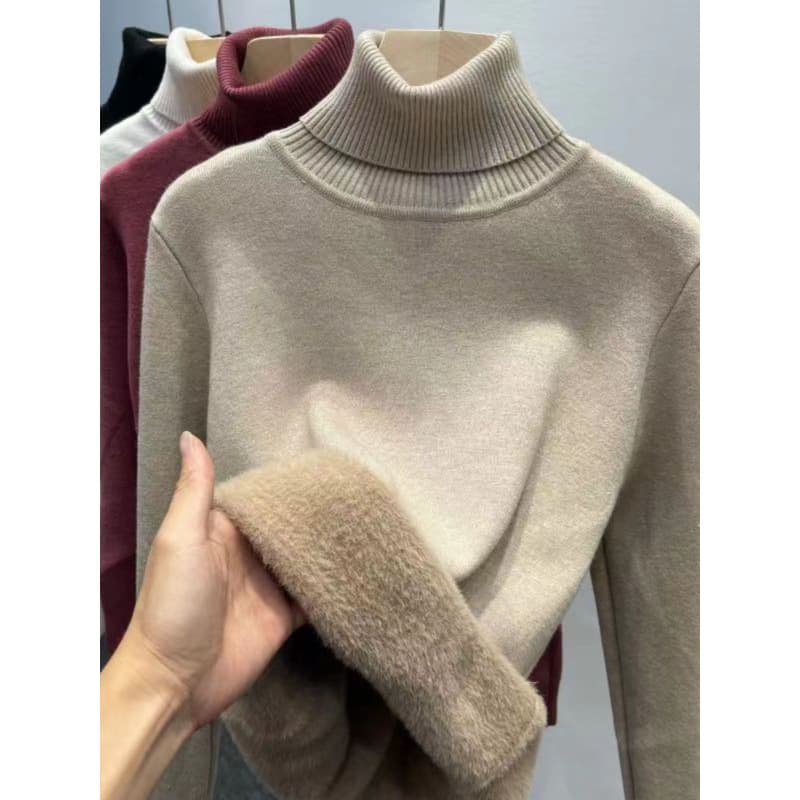 Fleece-Lined High Neck Sweater – Women’s Thermal Knit Pullover For Autumn & Winter (Black/White/Oatmeal/Coffee/Beige, Stylish Layering Essential)