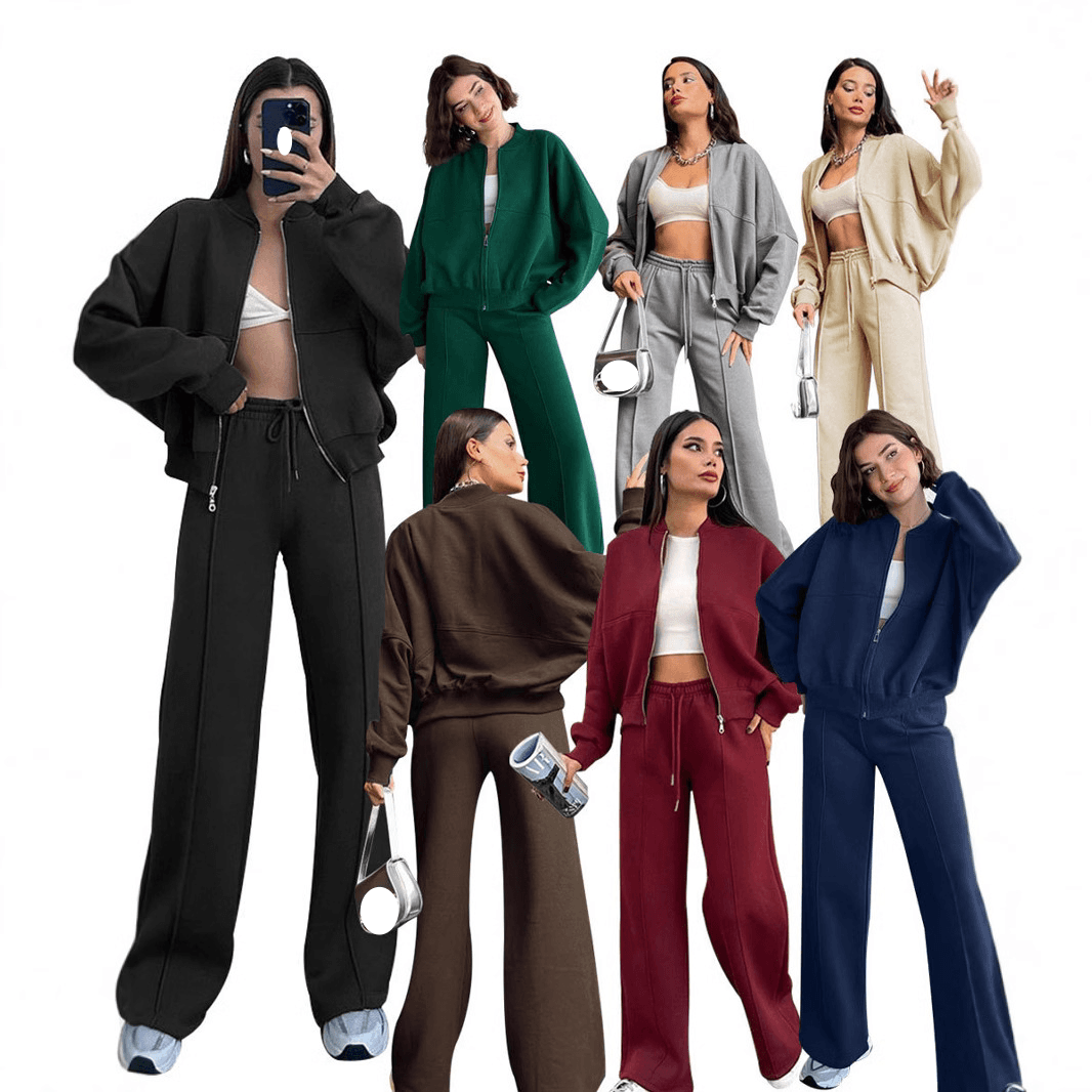 Women's Active Sets Autumn And Winter Solid Color Zipper Cardigan Sweatshirt Women's Fashion Casual Straight Pants Suit