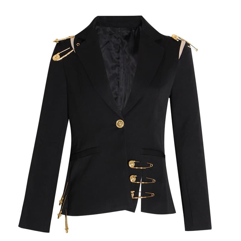 Women's Shoulder Mesh Stitching Pin Decoration Long-sleeved Slim-fit Slimming Small Suit Jacket Women's Fashion