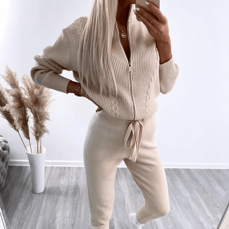 Women's solid color zipper woolen coat+trousers