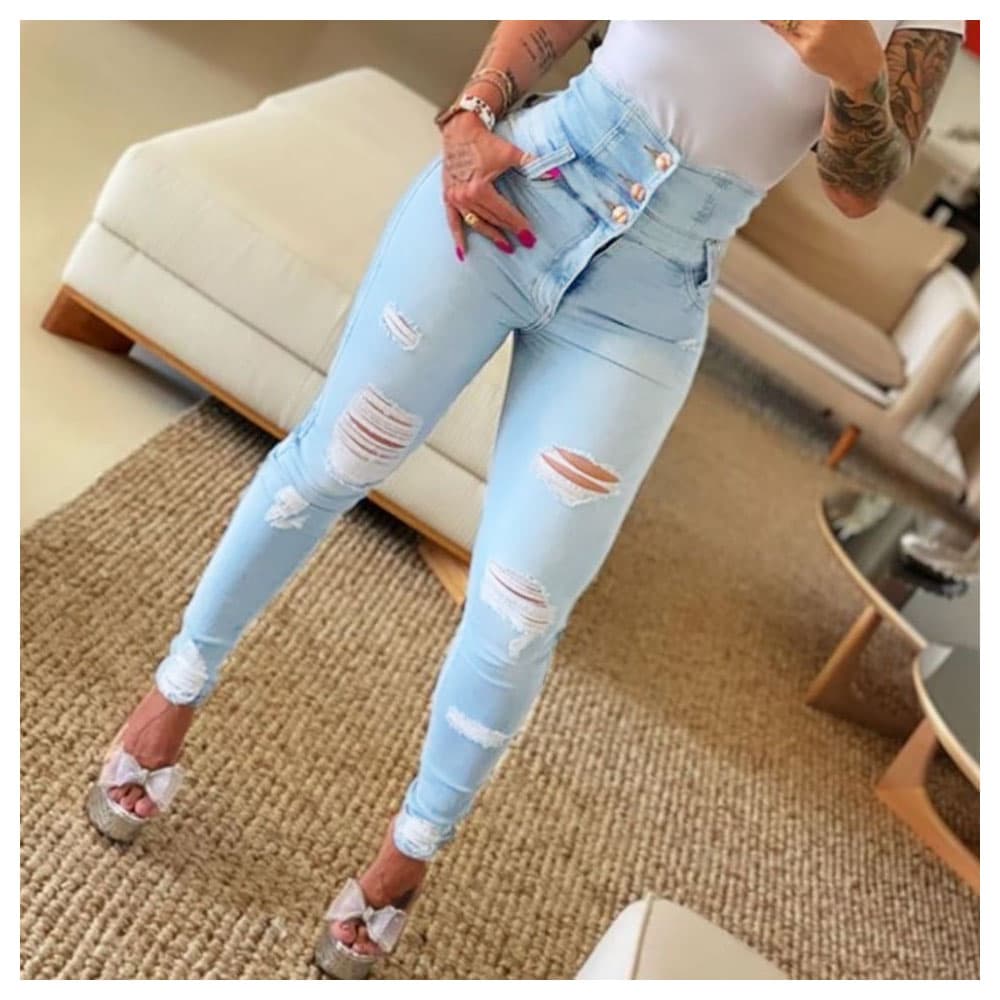 Women's Fashion High-waisted Ripped Skinny Denim Pants