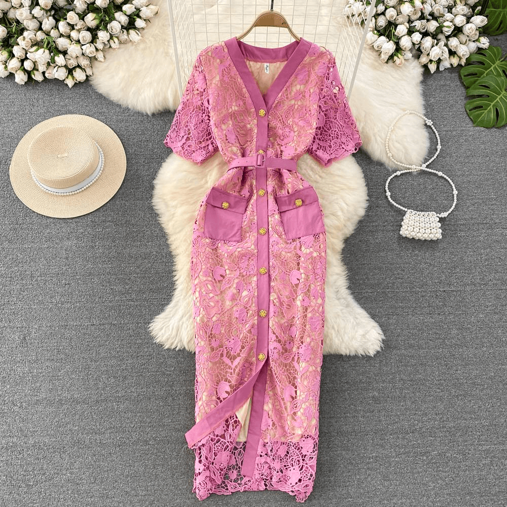 High-end Professional Temperament Short-sleeved Collar Waist Slim Single-breasted Lace Hip-wrapped Dress