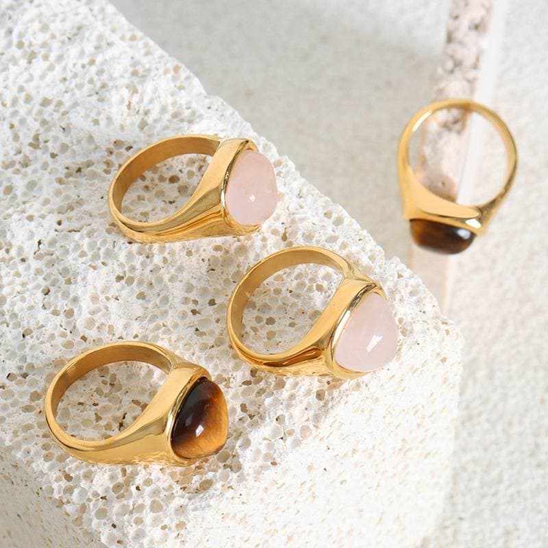 316L Stainless Steel Tiger's Rye Crystal Ring For Women Personalized Gemstones Plain Ring Index Finger Rings Natural Pink Quartz