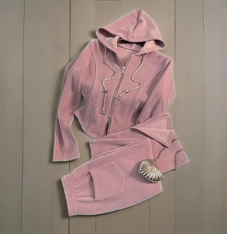 Women's Casual Pink Sportswear Set - Loose Fit Side Slit Wide Leg Pants Two Piece Outfit For Autumn