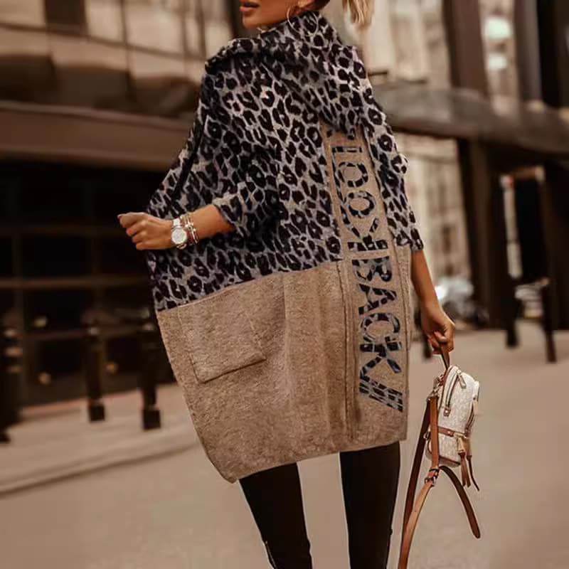 Women's Clothing sweater cardigan leopard print personality mid length loose letter stitching hooded knitted jacket