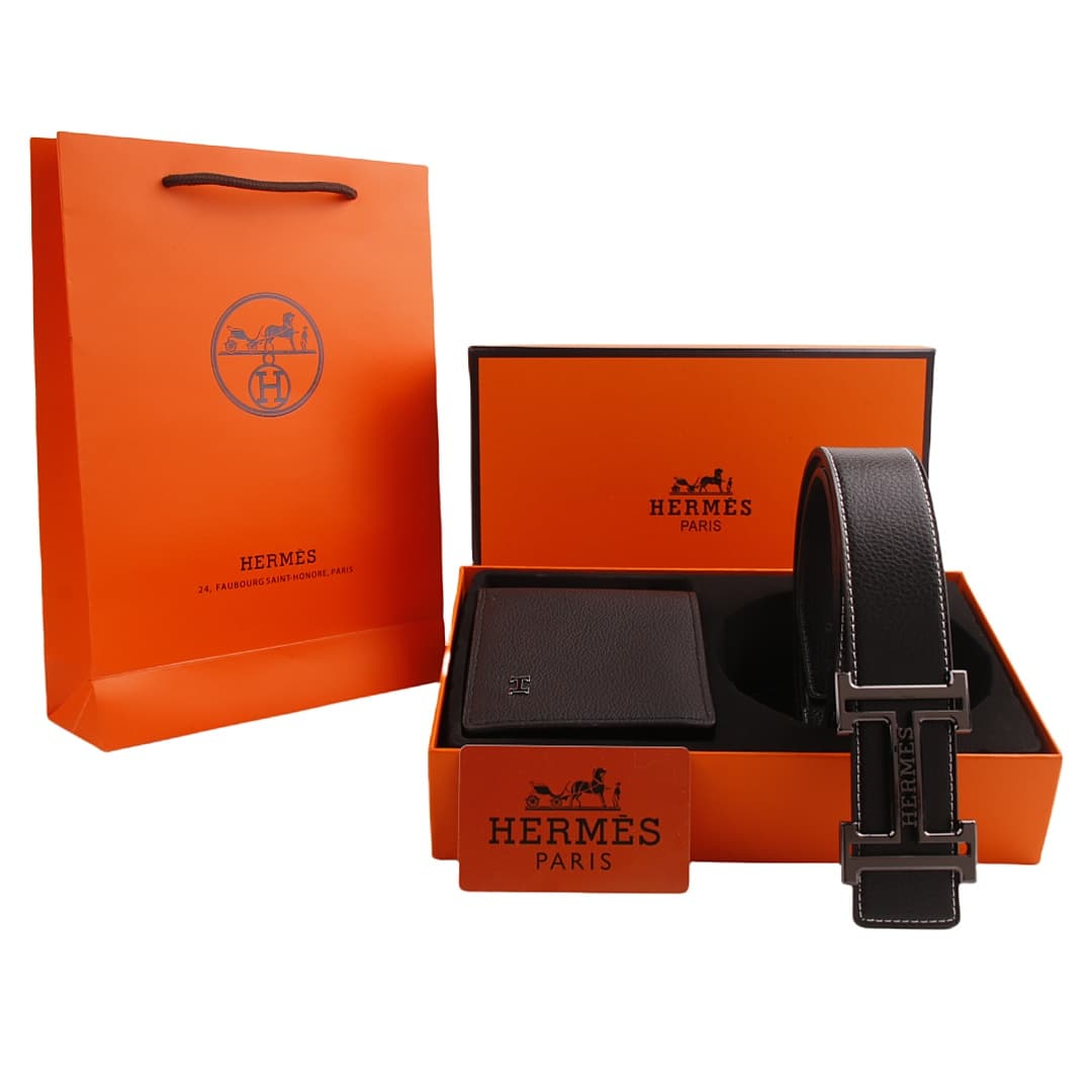 Ensemble portefeuille et ceinture pour homme en cuir noir avec boucle en H