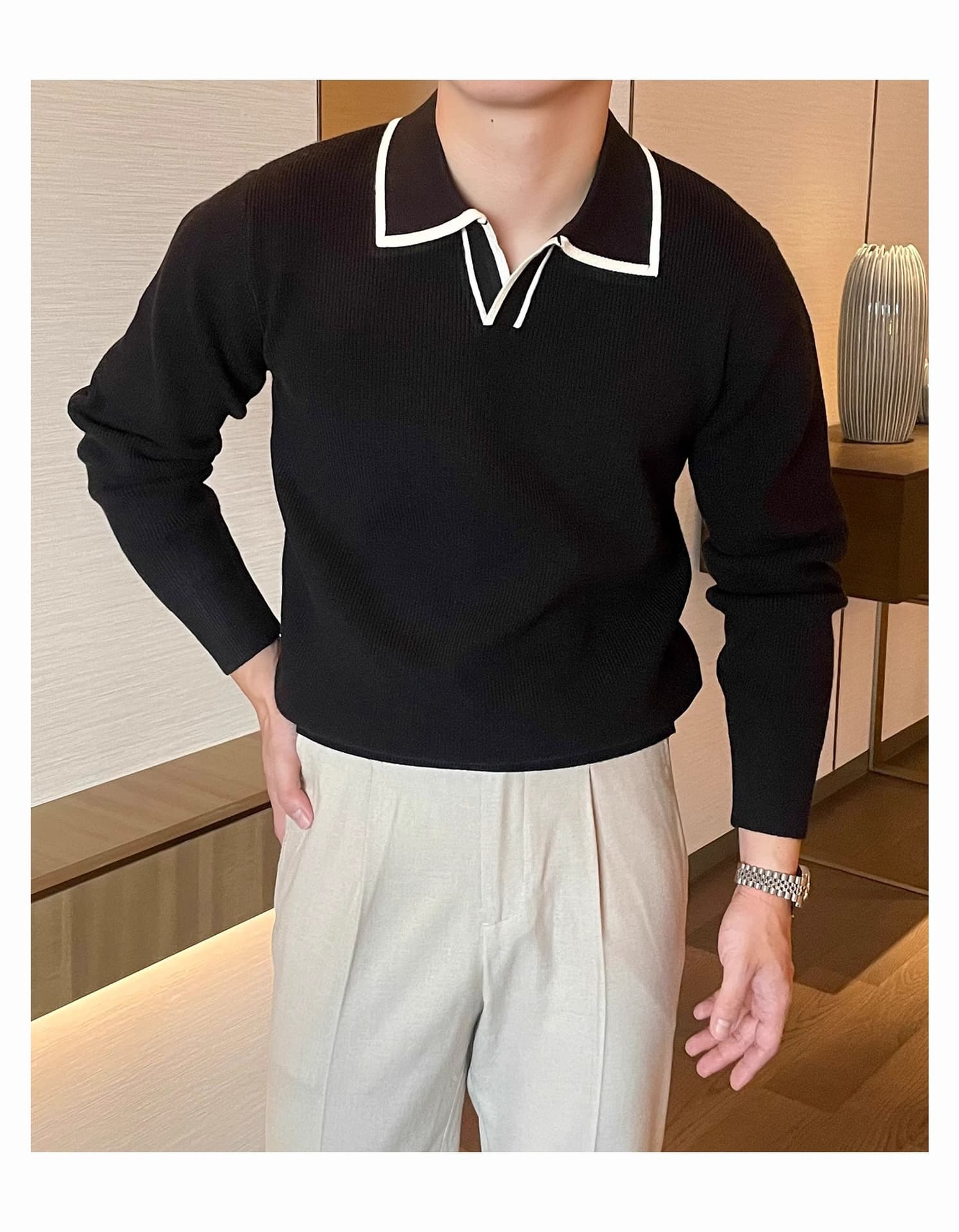 Monochrome Man- Spring And Autumn New Striped Long Sleeve Knitted Sweater For Men, Fine Needle, Slim Fit, Business Inner Wear, Export