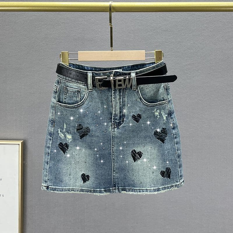 Women's Denim 2026 New Summer High-waisted Slim-fit Ins Heart Embroidery Rhinestone Anti-exposure Short Skirt