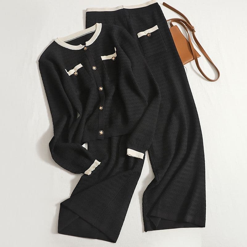 Women's light luxury, lazy temperament, small fragrance suit, high-end knitted cardigan, high-waisted wide-leg pants two-piece set