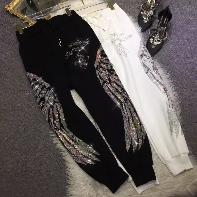 ​​Plus Size Winter Fleece-Lined Heavyweight Sweatpants With Rhinestone Wings Design - Slimming Casual Joggers For Women (White/Black, L-4xl)​​