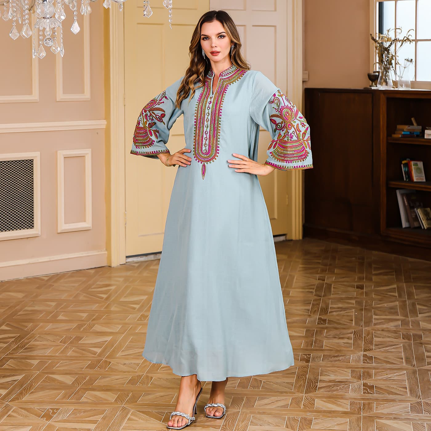 ​​Luxury Embroidered Abaya Dress – Premium Dubai Turkish Style Long Robe With Rope Stitching – Modest Evening Gown For Women (Light Blue, M-XXL)​​