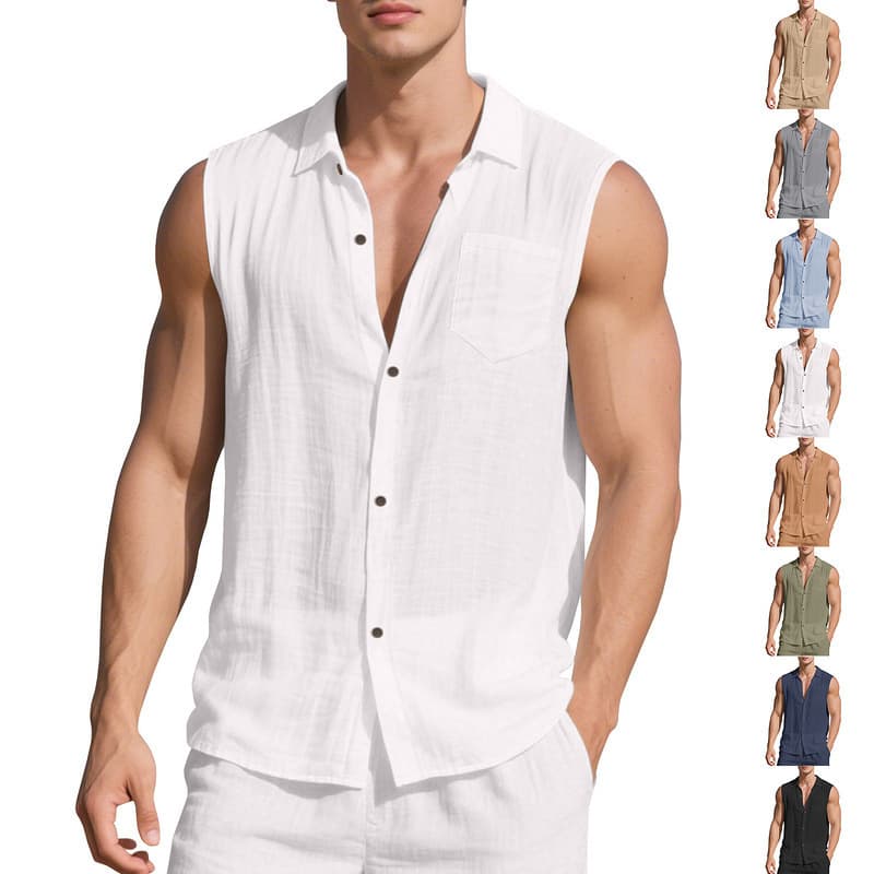 Men's Summer New Loose Linen Simple Casual Sleeveless Cardigan Beach Shirt