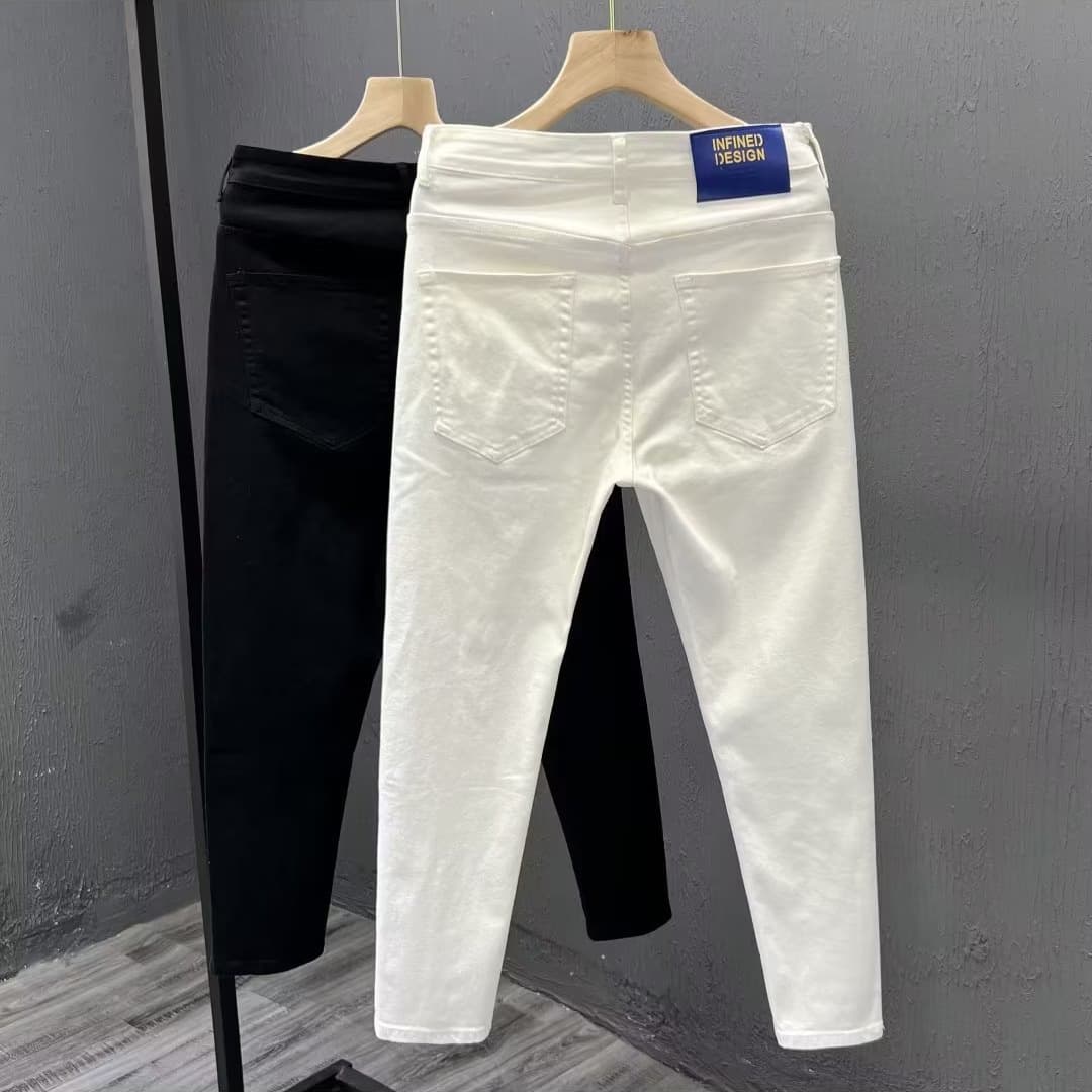 Men's Clothing Fashion Brand White And Black Handsome Jeans Men's Slim Fit Skinny Nine Point Boys' Pants Trousers Casual Pants Spring