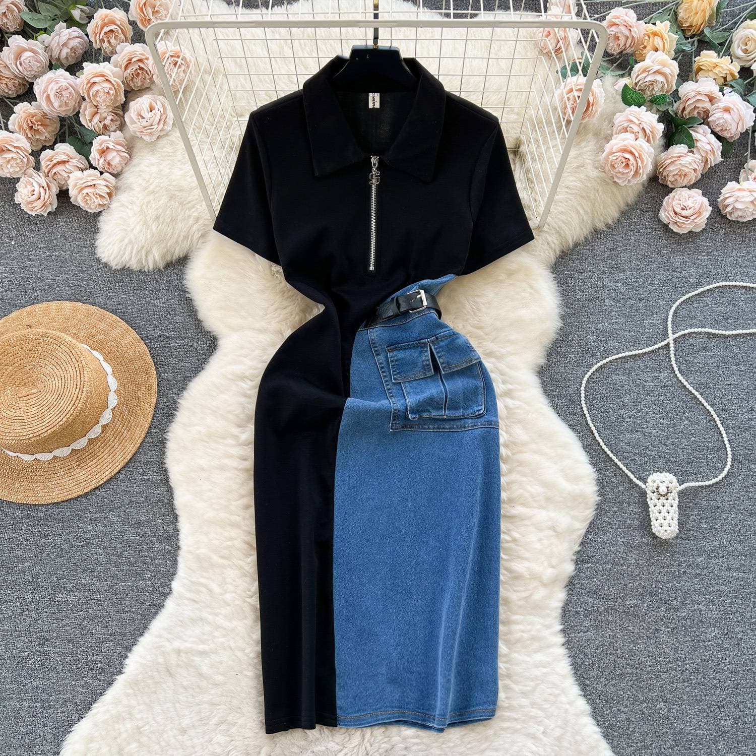 Women's Clothing Design Sense Contrast Color Stitching Slim Fit Medium And Long Short Sleeve Temperament Dress