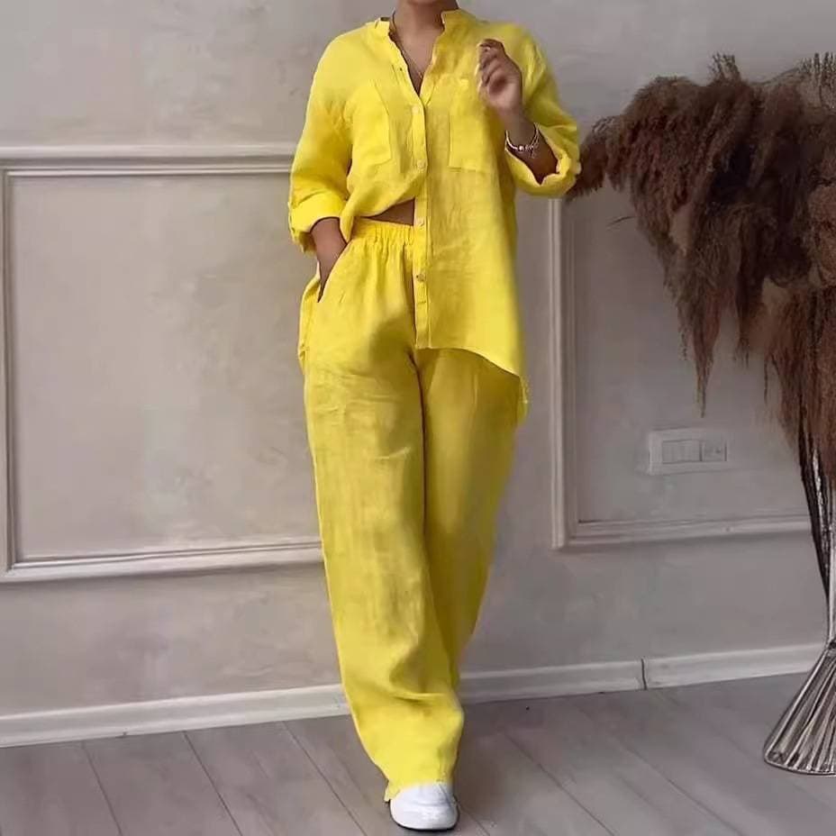 Casual Cotton And Linen Solid Color Shirt Drawstring Wide Leg Pants Set