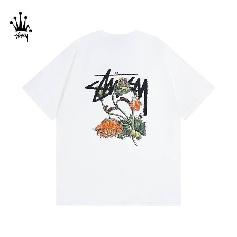 Stussy Letter Floral Print Pattern Pure Cotton Short Sleeved T-shirt