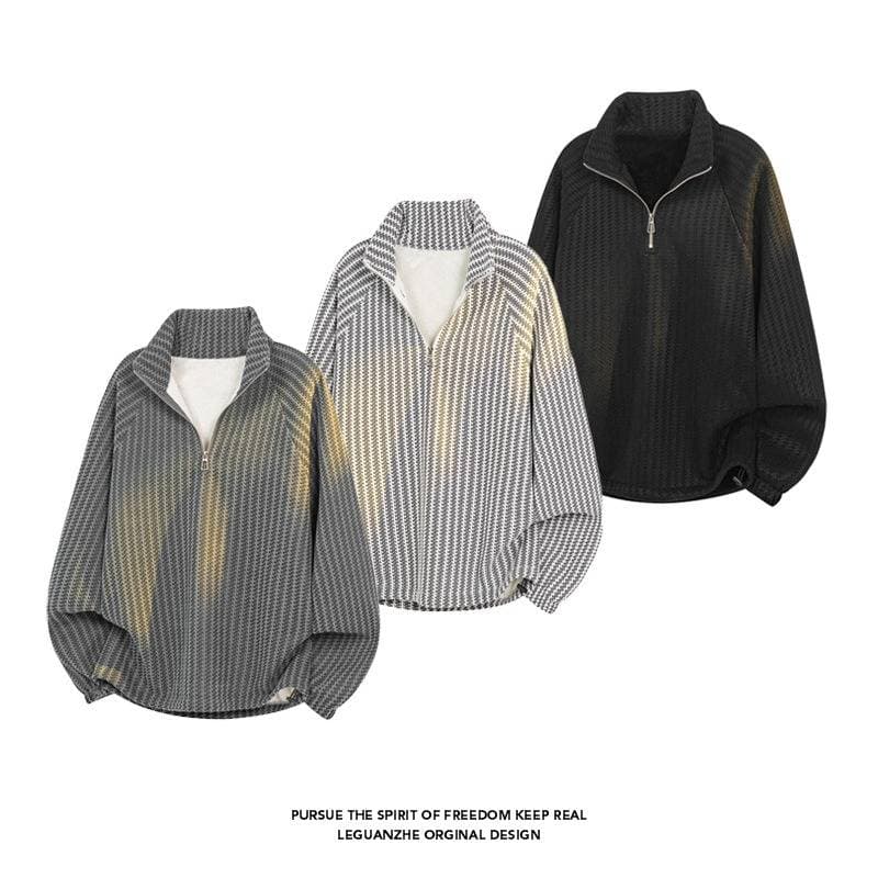 Men's Heavyweight Half-Zip Pullover Sweatshirt With Fishbone Pattern, Fleece Lined, Oversized Fit, Streetwear Style For Autumn And Winter​