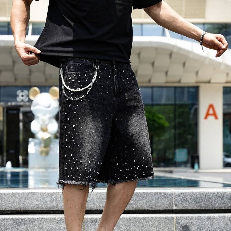 Men's Denim Shorts Style Exclusive Hot Fix Rhinestone Frayed Hem Five Point Mid Length Trousers Riding Breeches Summer
