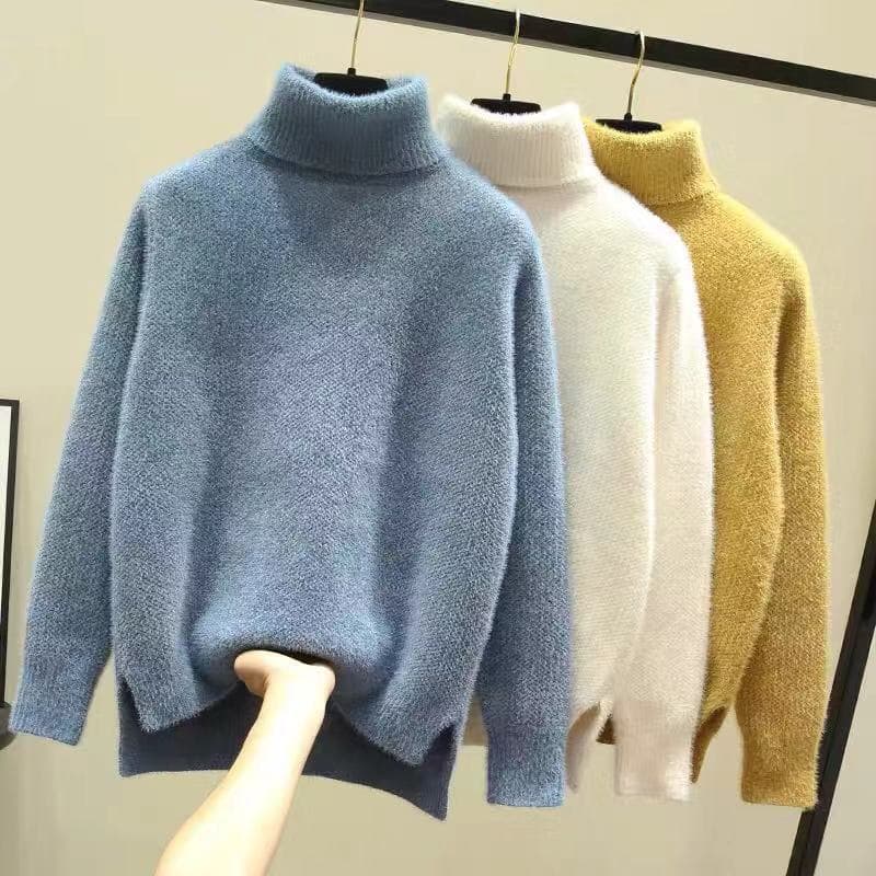 Women's Clothing Autumn And Winter New Thickened Solid Color All Matching Mink Pullover Sweater Women's Turtleneck Loose Wear Bottom Knitwear