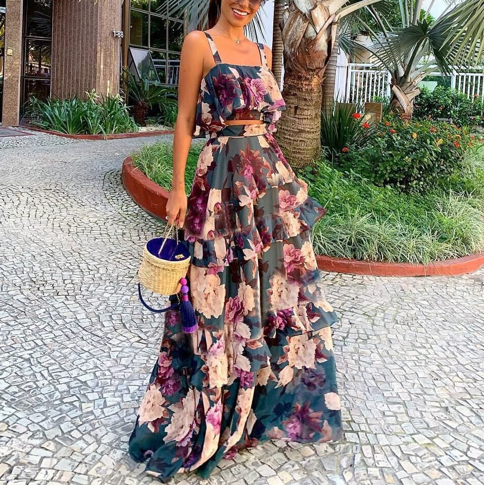 Women's Clothing Two-piece Dress Suspender Top Lotus Leaf Long Skirt Suit
