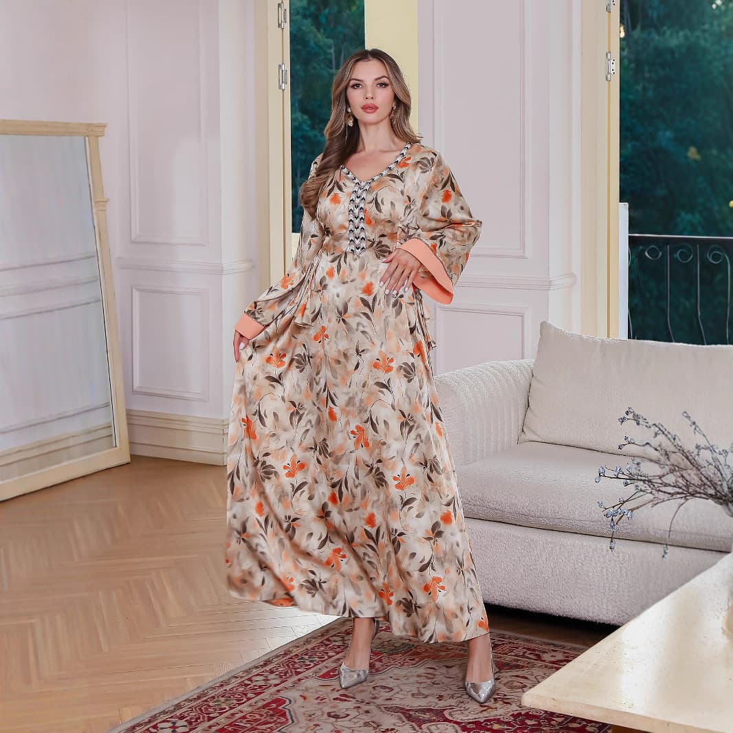​​Elegant Printed Abaya Dress – Modest Loose-Fit Muslim Long Robe With Middle Eastern Floral Pattern – Dubai Saudi Arabian Style Gown