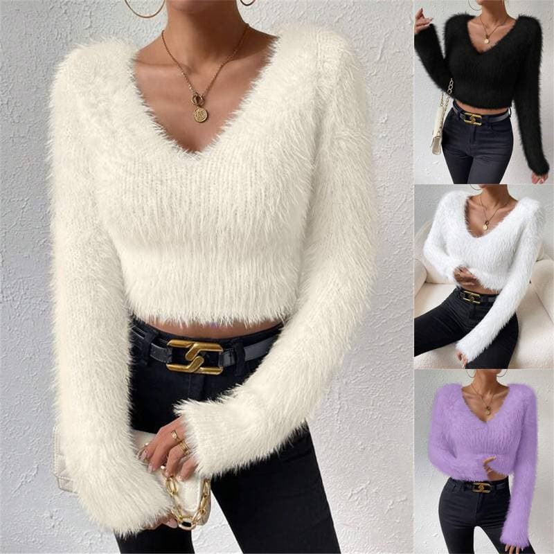 Women's Sexy V Neck Long Sleeve Slim Sweater Korean Style Solid Color Cropped Top Fall/Spring Casual Knitted Pullover