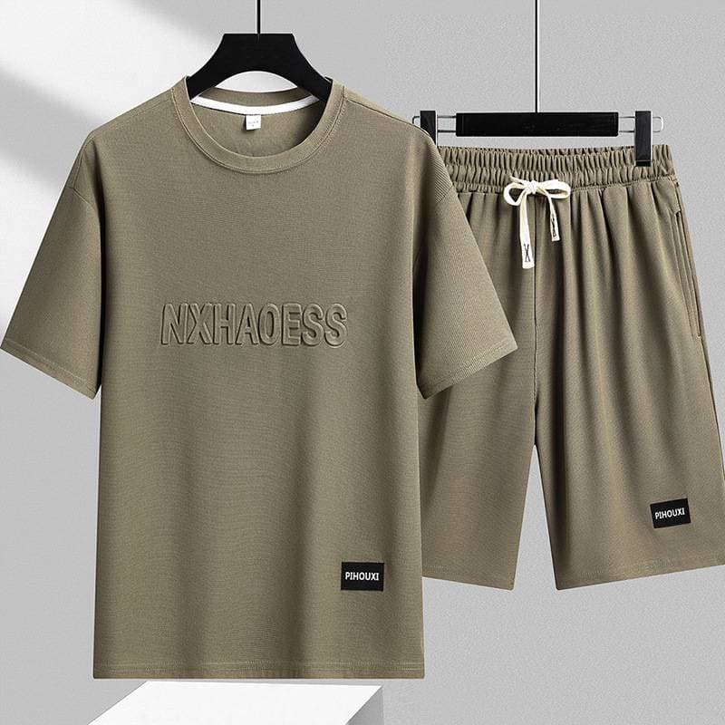 Men's Clothing New Round Neck Solid Color Short Sleeved Top Drawstring Shorts Casual Two Piece Suit Men