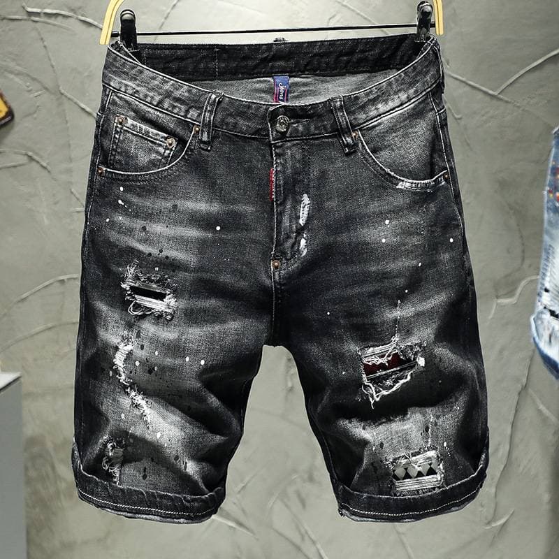 Men's Clothing 25 New Denim Shorts Cotton Elastic Black And Gray Ripped Jeans