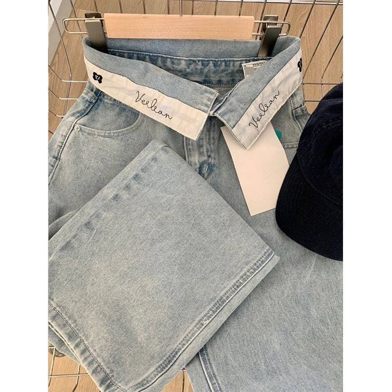 Pantalon taille haute à jambes droites et larges, coupe ample et amincissante, style jean tendance pour femme, dissimulant les petits défauts. Nouv