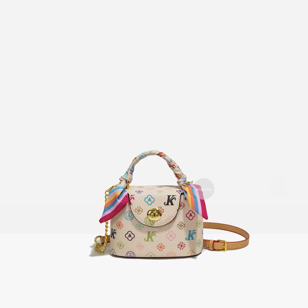 Women's Retro Print Silk Scarf Chain Handbag Tricolor Shoulder Crossbody Bag